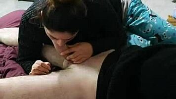 feeding sasy some cock and shooting cum in her mouth