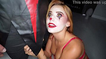 Agatha Vega in clown costume says 'fuck me hard' to Christian Clay.