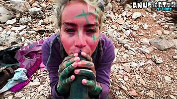 Skinny goth punk gives sloppy public blowjob facial cumshot outdoors