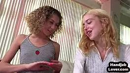 teen 18+ trio jerking oiled cock with dirty talk