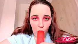 Chubby teen girl gives POV blowjob with dildo, sucking eagerly