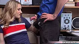 cute blonde shoplifter gets surprised by a rough burglar blowjob