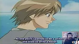 Adult commentary unfolds with a socially awkward hentai virgin in an outdoor scene.