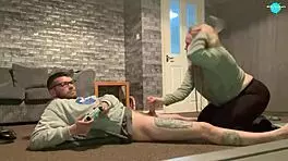 teen girlfriend sucks cock while gaming, natural tits and shaved pussy in action