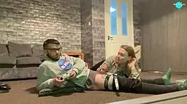 teen girlfriend sucks cock while gaming, natural tits and shaved pussy in action