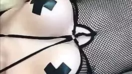 Nipple taped teen 18+ plays with big dildo in wild sex tape session. Blonde bombshell with big tits reaches intense orgasm.