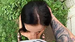 Public Cum Swallow Behind Garages During The Walk