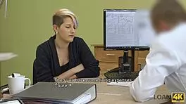 Cute blonde teen's office blowjob arrangement with big natural tits and pussy