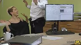 Cute blonde teen's office blowjob arrangement with big natural tits and pussy