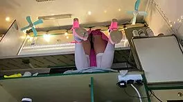 I love how this sexy virgin spreads her legs in stockings while serving customers 😍