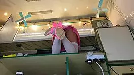 I love how this sexy virgin spreads her legs in stockings while serving customers 😍