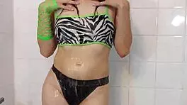 in the steamy shower, a petite latina teen cums through her soaked panties, her small tits and nipples exposed