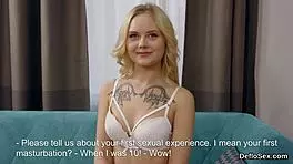 tempting cute virgin girl teases her pink snatch to orgasm