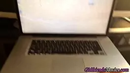 This petite lesbian teen gives a POV lick to her girlfriend's pussy.