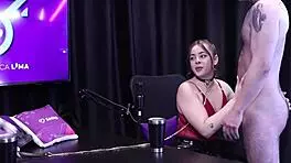 Evelyn zain in sheer red lingerie performs wet blowjob for cuckold scene