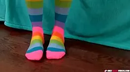 pretty teen 18+ in rainbow socks teases her tight pussy