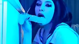 i love watching that beauty in student costume suck the rubber dick and fuck her pussy