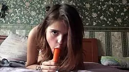 the teen 18+ girl uses dildo for solo masturbation