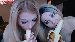 Two Brunette Babes Suck Bananas On Webcam