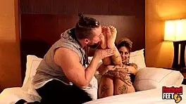 Beautiful Inked Redhead Lady Velvet Foot Fucks Lucky Fetish Pervert. Watch Her Dominate on Bed!