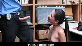 punished thief jade noir begs officer for mercy to avoid jail troubles in garage blowjob.
