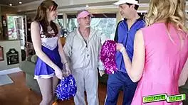 molly manson deepthroats a group of mature cocks in this teen brunette and blonde blowjob session