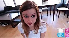 Skinny Petite Blonde Teen Sucking Massive Cock in Intriguing Contrast