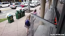 Blonde stepsisters strip down for a deep throat search in back office