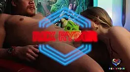 Chillin while petite teen sucks massive cock deepthroat style