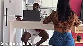 Wife Sucks Husband In Kitchen While Friend Distracts Him With Oral And Masturbation