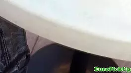 Shy European pickup babe flashes her panties in an upskirt view for neighbors in reality POV