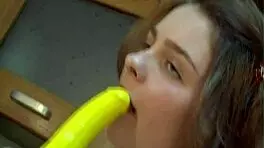 sexy student teases pussy with dildo in kitchen