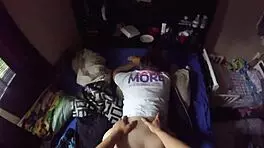 the teen bends over for a suck and fuck session ending in creampie from pov.