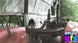 hot brunette solo fingering pussy and licking orgasm in tractor