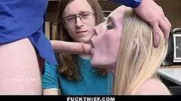 loss prevention officer proceeds to punish fuck female suspect with big cock blowjob while male suspect looks on