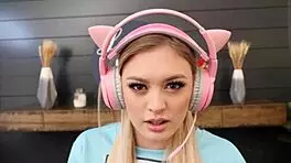 hot gamer chick takes cum blasts right in her face