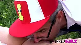 yo, check this fairy inked babe getting banged hard outside in uniform