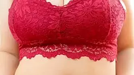 Crimson top shows off my big breasts, so wild.