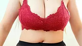 Crimson top shows off my big breasts, so wild.