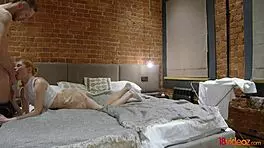 Redhead teen with shaved pussy bends over for doggystyle licking and cum