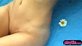 Beautiful blonde babe outdoor strip at the alps.