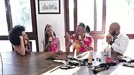 Black Couple in Sensual Event, Sheer Red Lingerie Teasing