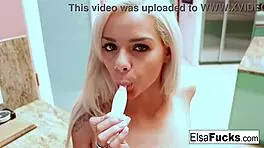 Teen cutie elsa plays with herself in the kitchen