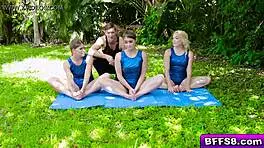 three besties take turns riding stud's cock in bedroom. sucking and fucking until cum on shaft.