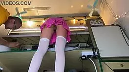 Sexy Brunette Caught on Voyeur Cam Upskirt at Work. No Panties Spotted!