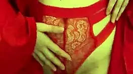 Brunette In Red Lingerie Plays With Herself!