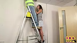 Hey, teen on ladder sucks repairman's dick 😏