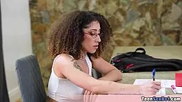 Geeky Latina Stepdaughter Blows Horny Stepdad