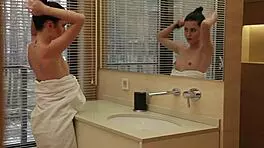 hey, check this petite 18+ brunette amelie b showering her shaved body