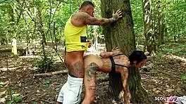 Caught the mature couple fucking in the park, german student joins for threesome?